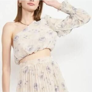 En Saison Women's Kika White Blue Sheer Floral One Shoulder Blouse Crop Ruffle